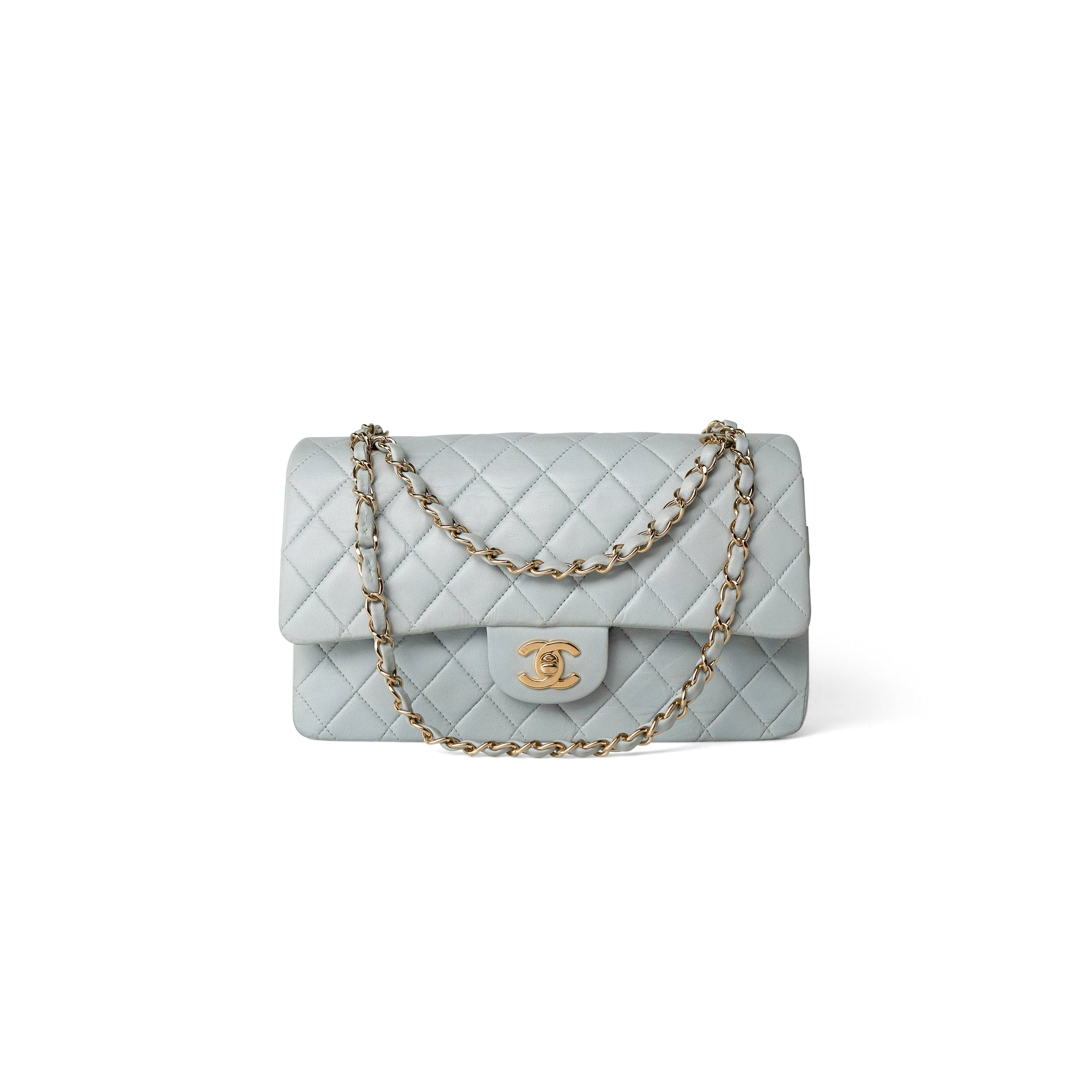 CHANEL VINTAGE LIGHT BLUE LAMBSKIN QUILTED CLASSIC FLAP MEDIUM GOLD HARDWARE (25.5*15*7cm)